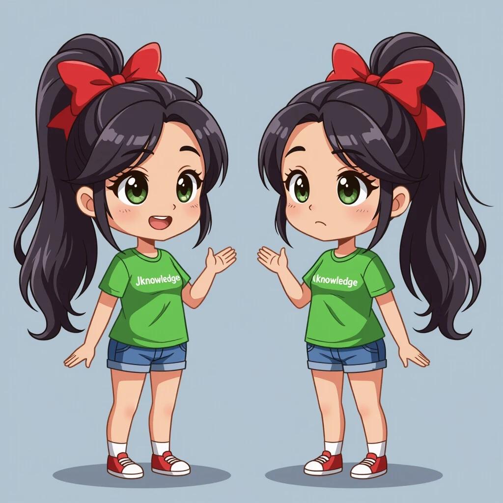 Create a cute chibi cartoon character. Character has long black hair in a high side ponytail with a large red bow. She wears a green t-shirt and denim shorts. Character has a puzzled expression with wide eyes and raised hand. A cartoon question mark appears near her head. Full-body shot on plain solid white background.