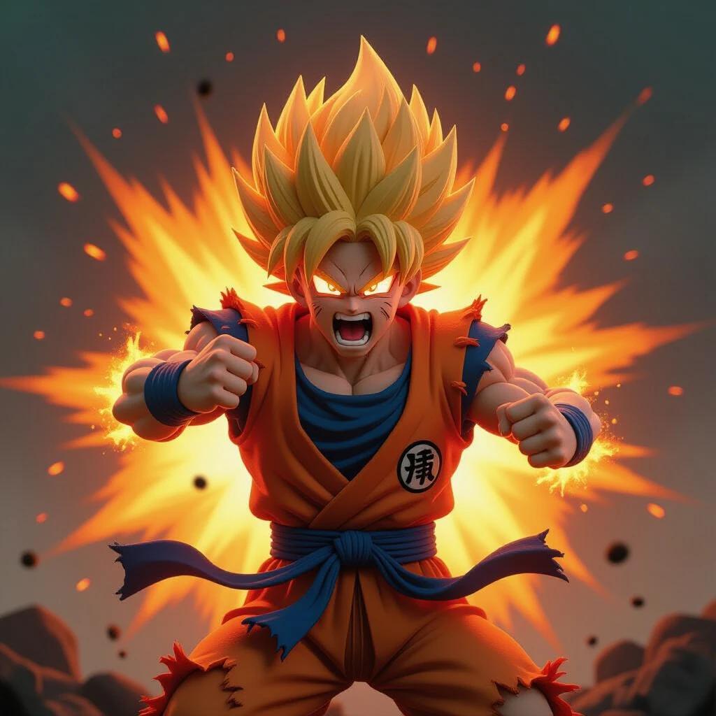 Hyper-realistic anime-style rendering of a Super Saiyan warrior inspired by Goku. Spiky glowing golden hair with intense red glowing eyes. Character screams in rage with arm thrust forward. Wearing a torn orange and blue gi. Skin and clothes cracked with glowing fissures. Surrounded by explosive golden and amber aura. Emits fiery particles and heat distortion. Volumetric lighting with cinematic shadows. Clay-like texture and hyper-defined musculature. Abstract fiery battlefield background with heat haze.