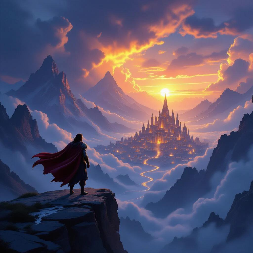 An epic fantasy scene features a lone hero with a flowing cape. The hero stands on a cliff, overlooking a glowing ancient city. Towering mountains rise under stormy skies. Dramatic lighting creates a sweeping atmosphere. Dynamic clouds accentuate the epic scale. The image embodies modern illustration techniques with rich details and contemporary trends.