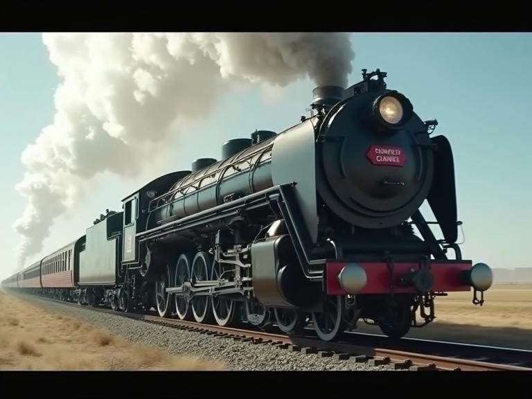 Scene includes steam train with oversized wheel. Wheel spins powerfully. Focus on additional wheel to signify number eleven. Train moves on tracks in a wide open area.