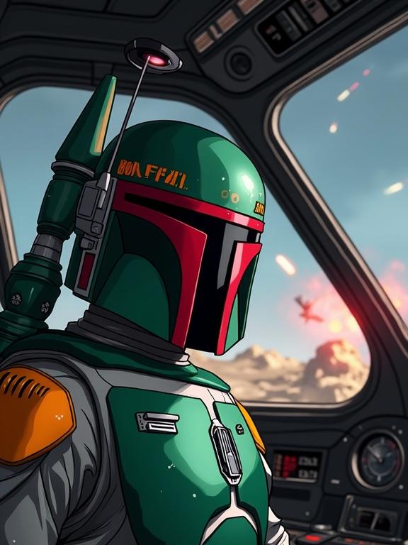 Boba Fett depicted in anime style inside a spaceship cockpit during a space battle featuring lasers and explosions with a close-up perspective.