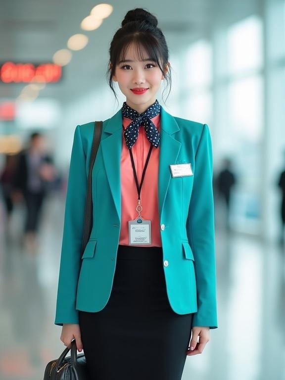 Full body image of airport ground staff. Late-20s East Asian female wearing a turquoise blazer over a coral-pink blouse. Black pencil skirt and matching black pumps. Hair in a bun. Light makeup with red lips. Friendly smile. Name tag on blazer. ID badge with silver lanyard. Dark-blue gingham scarf tied at the neck. Background features airport terminal. Dark-grey satchel slung over her shoulder.