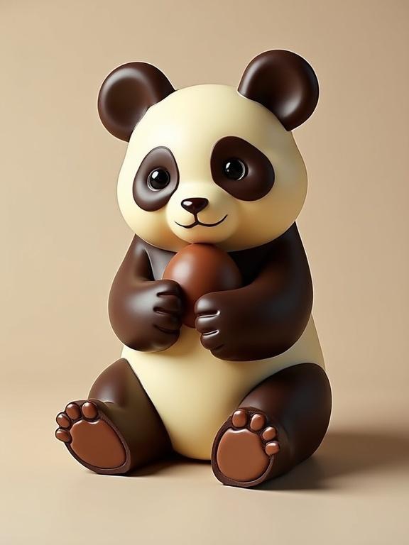 A cute panda made from dark chocolate white chocolate and milk chocolate sitting down. The panda holds a round egg. It is a professional studio product photo with a plain background.