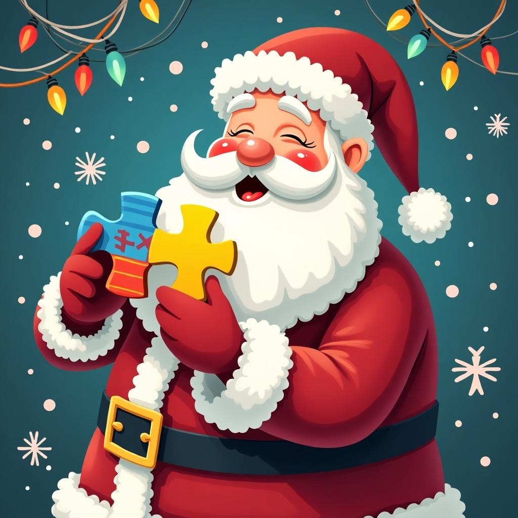 This image depicts a joyful Santa Claus holding colorful puzzle pieces, symbolizing autism awareness. He has a big smile and a fluffy white beard, embodying the spirit of Christmas. Snowflakes are gently falling around him, and colorful Christmas lights create a festive atmosphere. The background is a deep blue, enhancing the vibrant colors of the puzzle pieces. This illustration will be perfect for holiday themes focused on inclusivity and support for autism.