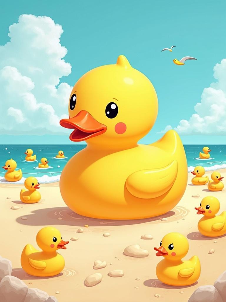 Illustration features a busy beach with rubber ducks of various sizes and colors. A giant rubber duck is the focal point. The atmosphere is cheerful and colorful evoking fun and summer leisure.