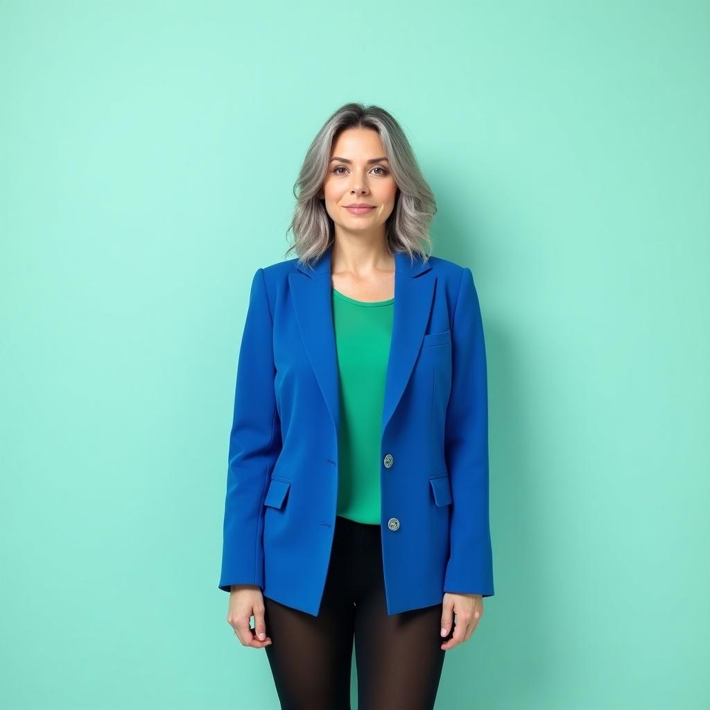 Woman with gray hair stands wearing blue blazer, black pantyhose, and green blouse against pale teal background.