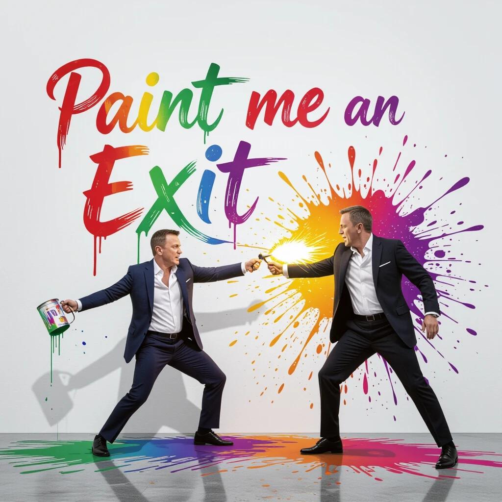 Movie poster for Paint Me An Exit. Title in colorful brushstroke serif. Two characters in black suits facing off. One throws a paint-filled Molotov at a white wall. Paint splatters in vibrant colors. High-resolution image with dynamic composition.