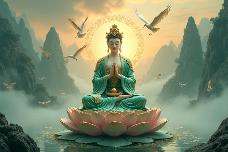 Guanyin Bodhisattva depicted in a serene posture wearing a jade robe. Sitting on a large lotus surrounded by cranes in a mystical realm. Misty mountains in the background with golden peaks during sunrise. Style reflects Eastern ink-wash with low saturation and vibrant accents. Integrates elements of 3D animation and dynamic realism with vibrancy.