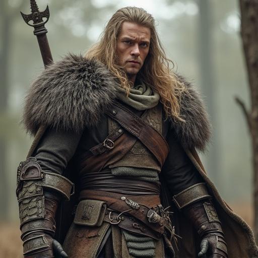 A warrior stands confidently in a forest. The warrior wears detailed medieval armor with a fur cloak. The background features trees and soft light filtering through the leaves. Accessories include a sword and unique armor pieces. The overall atmosphere is heroic and adventurous.