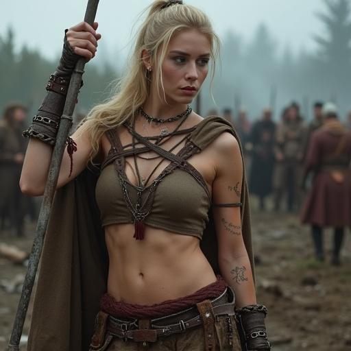 A young athletic woman poses with a sword and spear in a medieval battlefield. She has blonde hair, blue eyes, and defined muscles. Wearing ragged medieval attire and shackles. Tattoos visible on various body parts. Overcast lighting and muddy scenery enhance the dramatic effect.