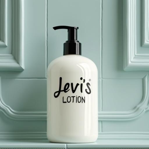 High quality product photo of a lotion bottle on a shower shelf labeled Levi's Lotion boldly with no other text.
