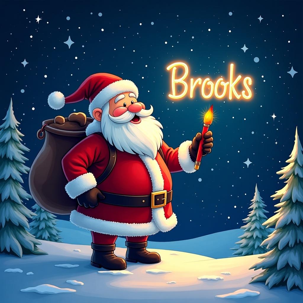 Santa Claus writes the name Brooks with a colorful glow pen in the sparkling night sky. Bright Christmas theme with snow-covered ground and pine trees.