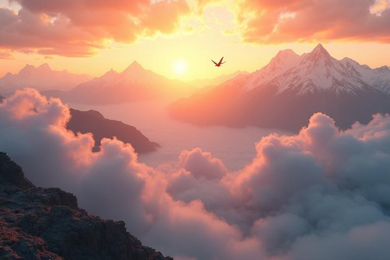 Aerial view of misty Himalayan mountains during sunrise. Snow-capped peaks with golden light breaking through clouds. Fluffy clouds in the scene. Prayer flags fluttering. Dragon silhouettes in the distance. Environment shows Indian cultural elements. Vibrant colors and magical landscape with realistic textures and lighting.