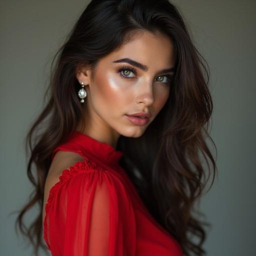 Woman with freckles wearing a daring outfit. Red lace bodysuit fits her like a second skin. Transparent black stockings with garters. Fine silver bracelets that jingle. Straight, shiny hair cascades down with a flirty fringe over her almond-shaped eyes.