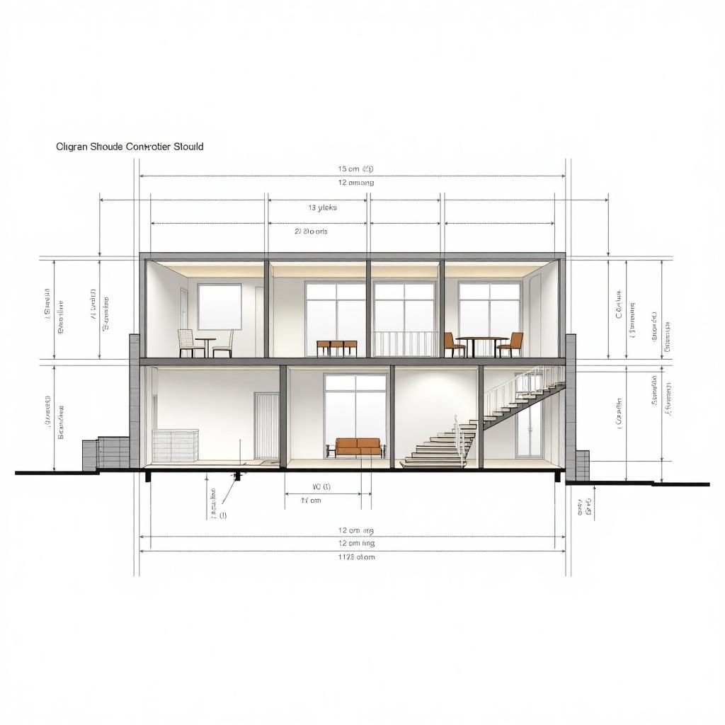 The image presents a detailed architectural section plan of a two-story building. It showcases an open layout that connects multiple rooms on the second floor, including areas like a gym and a library. The first floor features a hall and a WC, each designed with varying ceiling heights. Precise measurements and structural components are annotated throughout the plan. Also, large windows and doors are marked clearly to indicate the flow of natural light into the space, and a staircase connects the two levels. Suggested furniture placements are included to emphasize the open connection between indoor spaces and the outside environment.