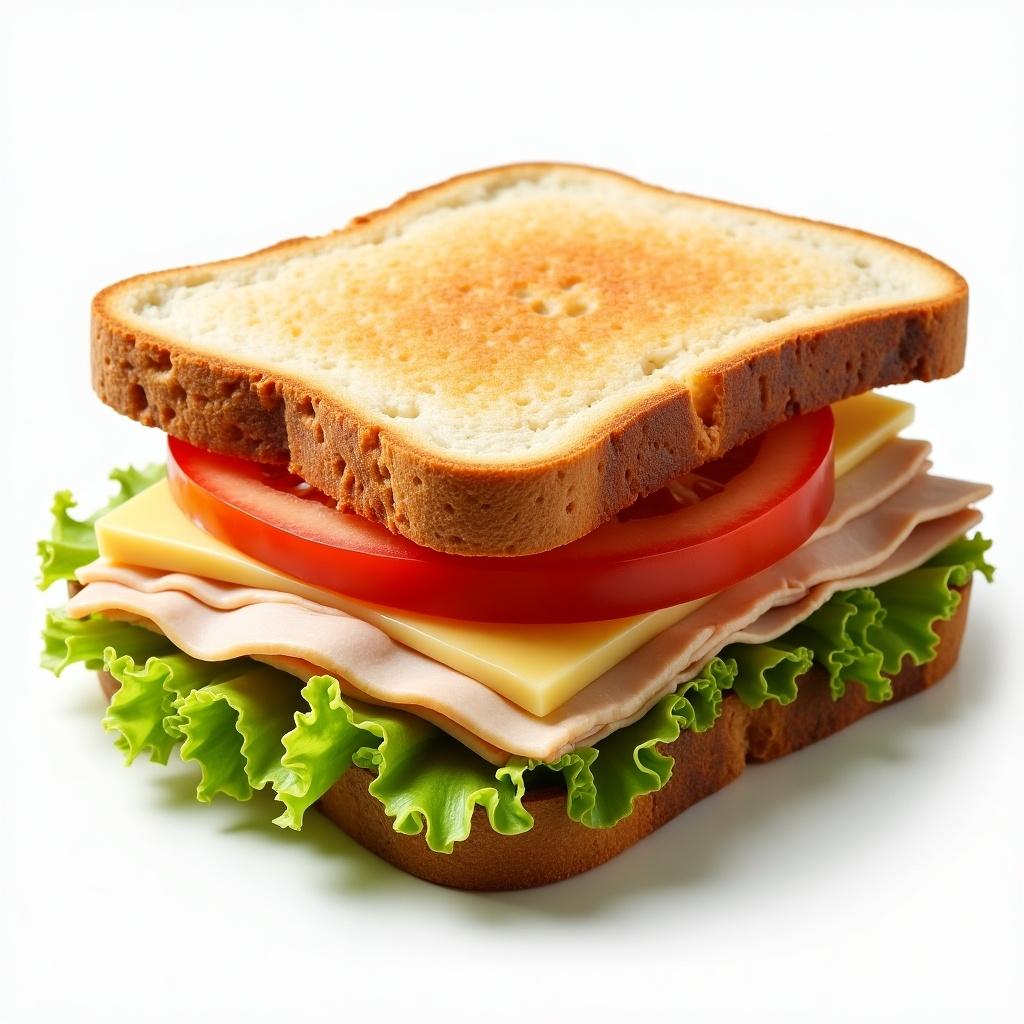 Toast sandwich featuring one slice of smoked turkey and cheese with iceberg lettuce, tomato, and mayonnaise between two slices of bread.