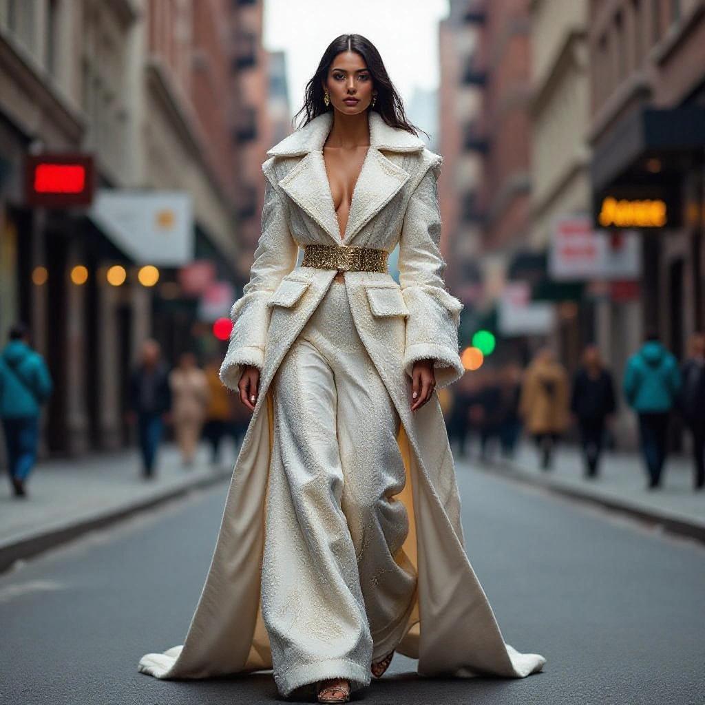 Stylish figure in luxurious glowing outfit in urban setting. Attire features opulent and futuristic elements. Scene captures glamorous high-impact fashion moment. Atmosphere is cinematic and dreamlike showcasing essence of haute couture.