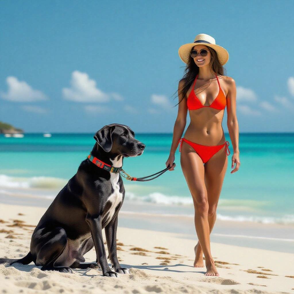 Woman wearing orange bikini walks on the beach with a black Great Dane dog