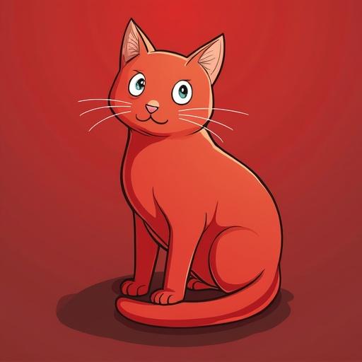 Illustration of a sitting red cat. Cat has large blue eyes. Simple background in red color. Cat has a friendly expression.