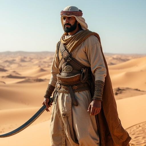 An ancient Arab warrior stands confidently in a desert. Clad in traditional attire. Holds a curved sword. The landscape features vast sand dunes and a clear sky.