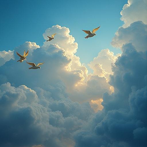 Angels depicted as serene figures flying through a cloud-filled sky. Lush clouds and soft lighting create a tranquil atmosphere. Sky transitions from deep blue at the top to lighter tones nearing the horizon.