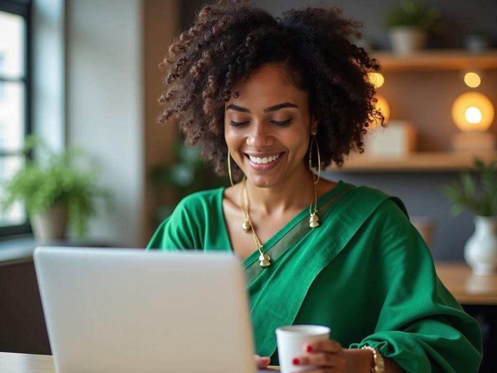 This image features a woman dressed in a vibrant green saree, sitting at a modern workspace. She has beautiful curly hair and is smiling while engaging with her laptop. In one hand, she holds a small cup, possibly coffee, suggesting a relaxed work atmosphere. The setting hints at a corporate office with soft lighting and greenery in the background. This scene captures the essence of professionalism blended with cultural attire.