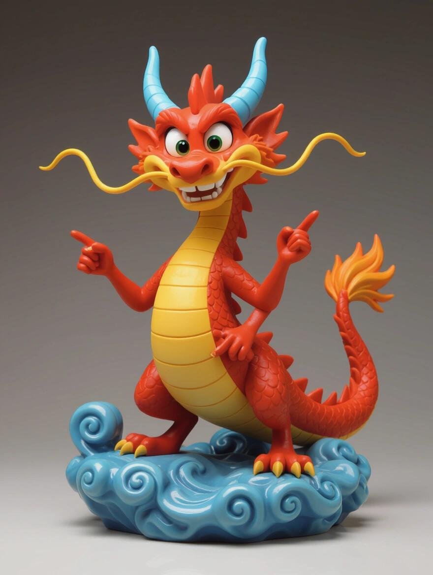 A slender elongated stylized red dragon with a mischievous expression and confident smile. Inspired by Mushu from Mulan. Collectible resin figure features detailed sculpting with decorative oriental cloud base. Curved blue horns and long thin yellow whiskers. Yellow belly and long flowing tail. Glossy finish, dynamic pose with one hand raised and other pointing. Realistic cartoon styling with smooth texture. Front lighting enhances vibrant colors.