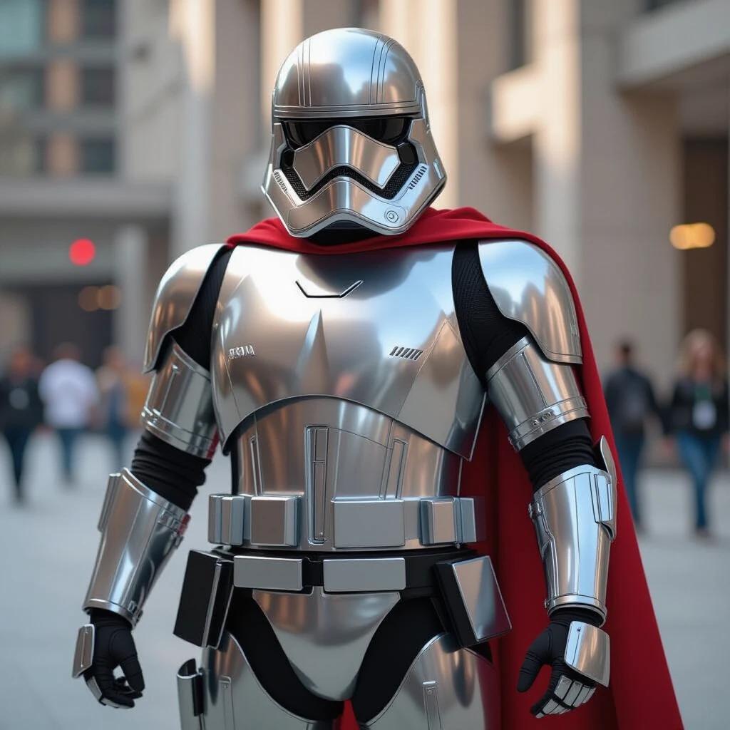 Character in shiny silver armor with a red cape standing in a public space. Eye-level view shows the front of the character. Bright sunlight enhances the shiny surface.
