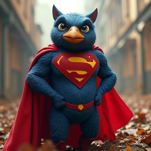 A cartoon egg character dressed as Superman. The character is blue with a red cape. It stands in a foggy alley surrounded by autumn leaves. The expression is confident and playful.