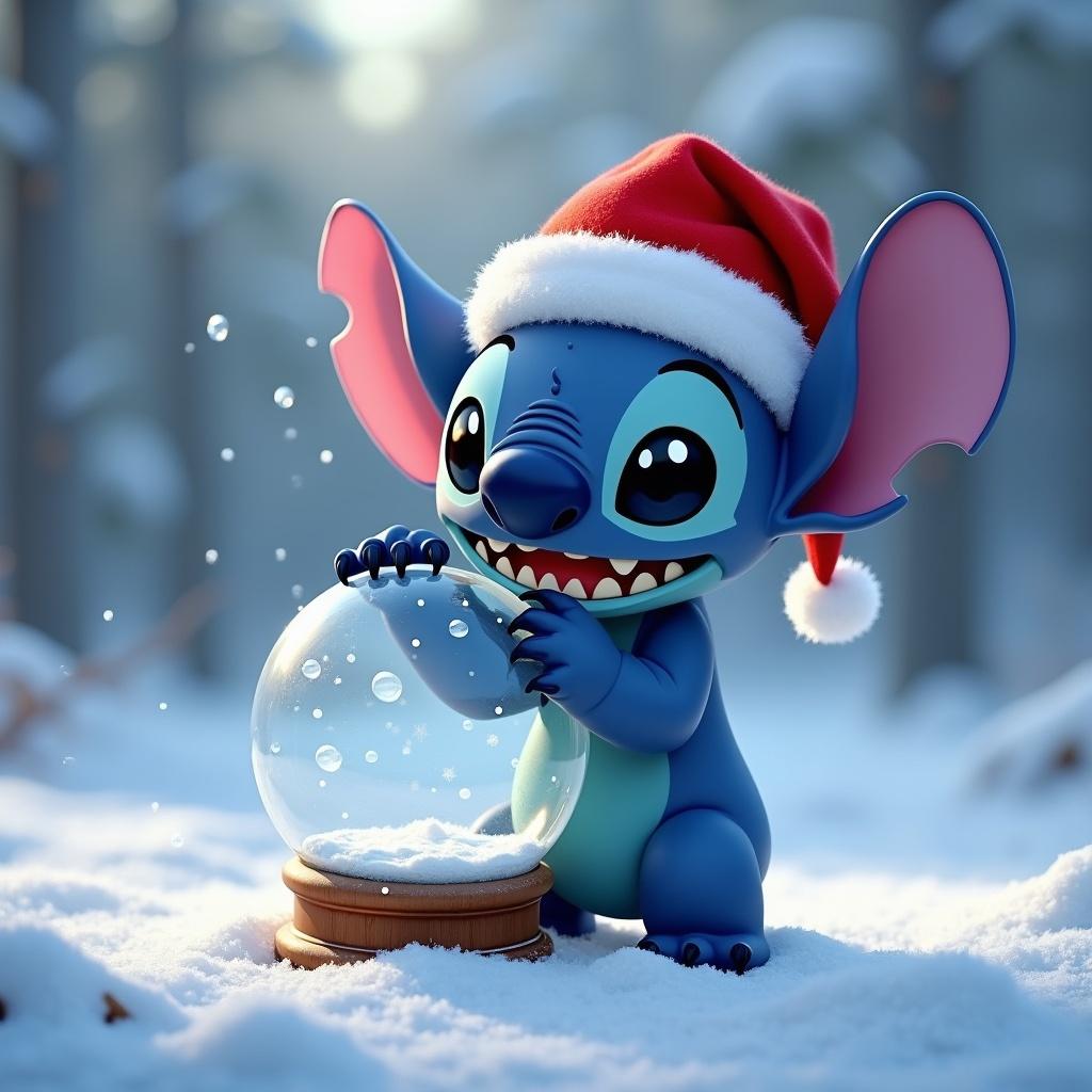 Stitch character in a Christmas hat. Holding an empty snow globe. Surrounded by a winter background with snow. Expression of excitement and wonder.