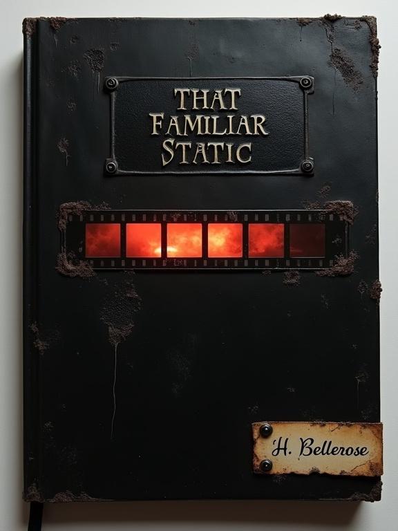 Dark minimalist book cover features textured black background. Central horizontal film negative glows dimly with red-orange light. Signs of corrosion around the film. At the top, black metal plaque with title 'That Familiar Static' is distressed. Bottom right has crooked nameplate reading 'H. Bellerose', bolted and worn. Overall tone is shadowy black with dry corrosion.