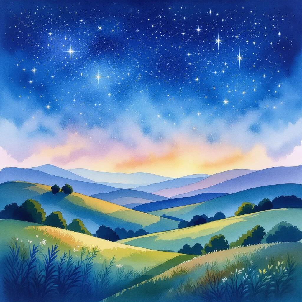 Psychedelic watercolor painting. Serene landscape features rolling hills. Under a starry night sky filled with stars and soft clouds.