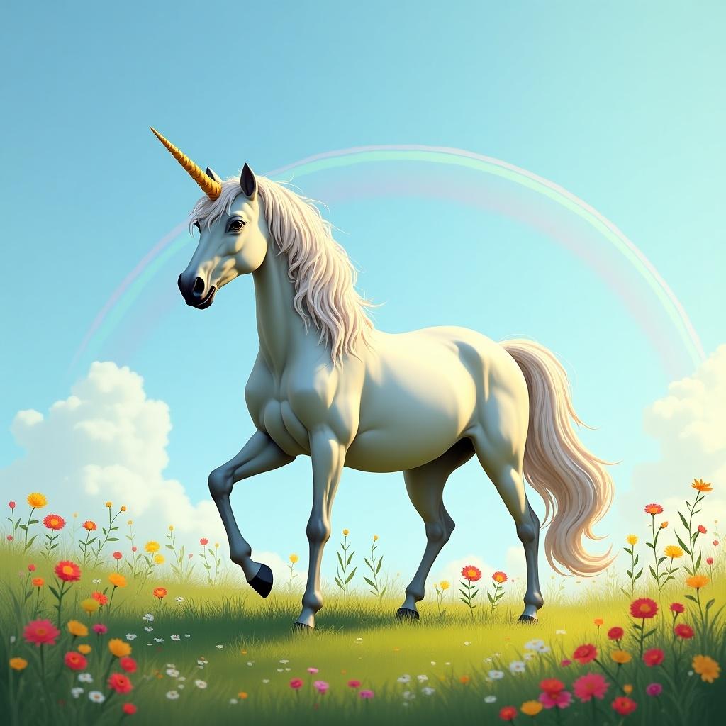 A silver unicorn named Crimson Earth's Escape stands in a flower-filled meadow. The sky is bright with clouds and a rainbow arcs above.