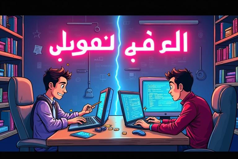 Cartoon-style YouTube thumbnail. Colorful design with Arabic text. Left character confused businessman. Right confident coding ninja. Middle visual transition effect. Tech-themed dojo background. Fun and motivational vibe. Aspect ratio 16:9.