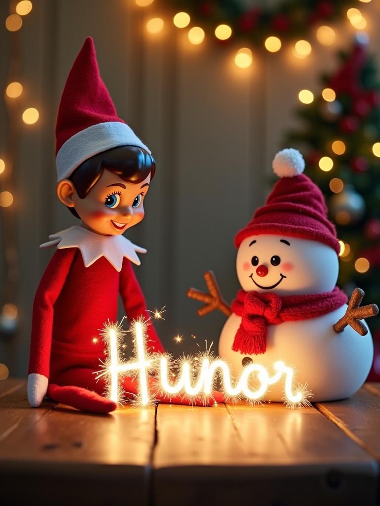 Cheerful elf and snowman interact during Christmas. They sit on a wooden table with twinkling lights. Elf wears a red and white outfit. Snowman has a friendly smile and red scarf. Characters focus on sparkles spelling 'Hunor'. Scene captures holiday joy.