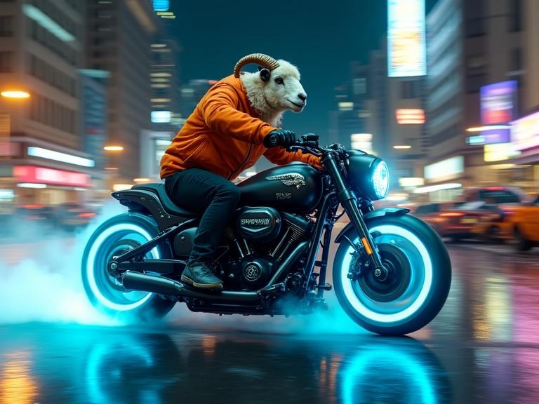 A sheep in an orange jacket rides a sleek motorbike at high speed. Background is a cityscape with motion blur. Emphasis on dramatic lighting and realism. Ghostly sheep biker with a skull emitting blue flames and glowing wheels travels through wet streets. City features tall buildings and neon signs. Dramatic colors and energy enhance the scene.