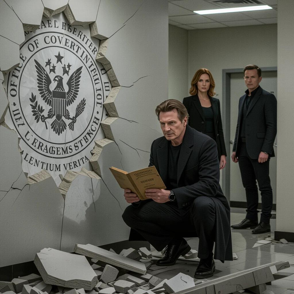 Liam Neeson crouches by a broken wall with the emblem of the Office of Covert Intelligence and the motto Silentium Veritas visible beneath rubble. He reads a classified dossier in a dimly lit room. Rebecca Ferguson and Cillian Murphy stand watchfully behind him, ready for action.