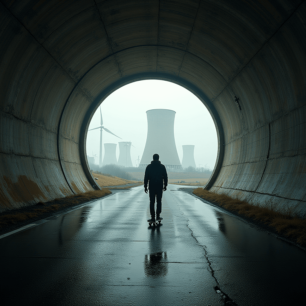 A lone skateboarder rides through a wet tunnel towards industrial cooling towers, framed by the overcast sky and wind turbines.