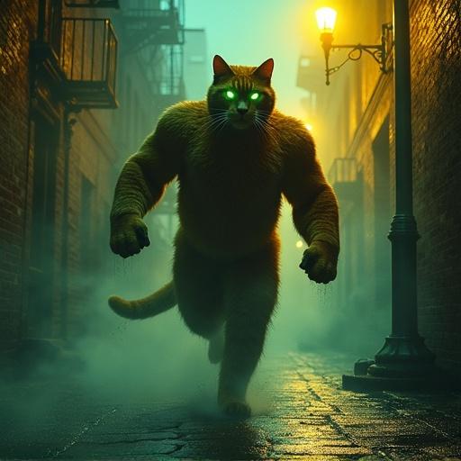 Dramatic scene in a noir style. A muscular ginger tomcat running in a dark alley. Rain-slicked cobblestones glisten. Flickering streetlights cast yellow light. Thick milky fog swirls. Cartoonishly strong cat with glowing green eyes. Wet fur glistens. Ominous shadow stretches upward.
