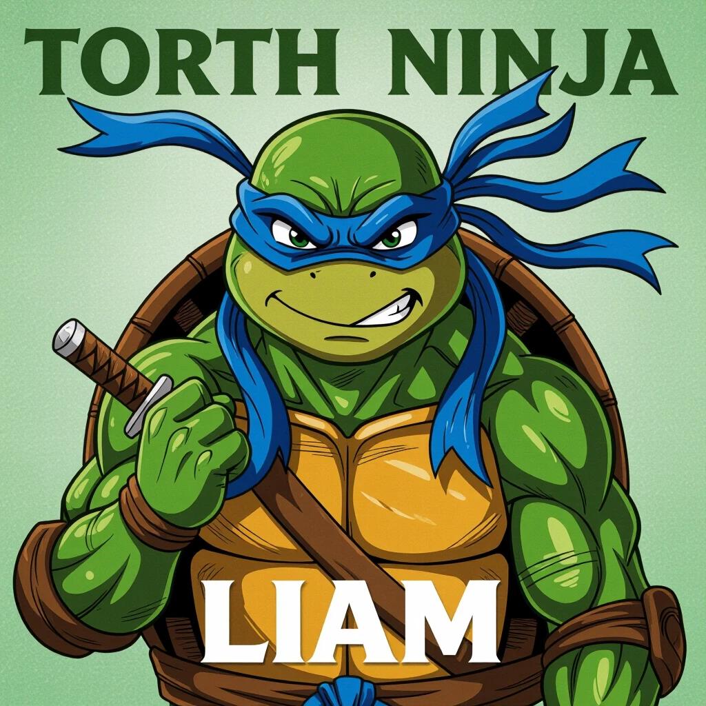 Poster design featuring a turtle hero with a name Liam. The character has a blue mask and a confident smile. The green turtle is styled cartoonishly with a muscular build. Background is simple for emphasis on the character.