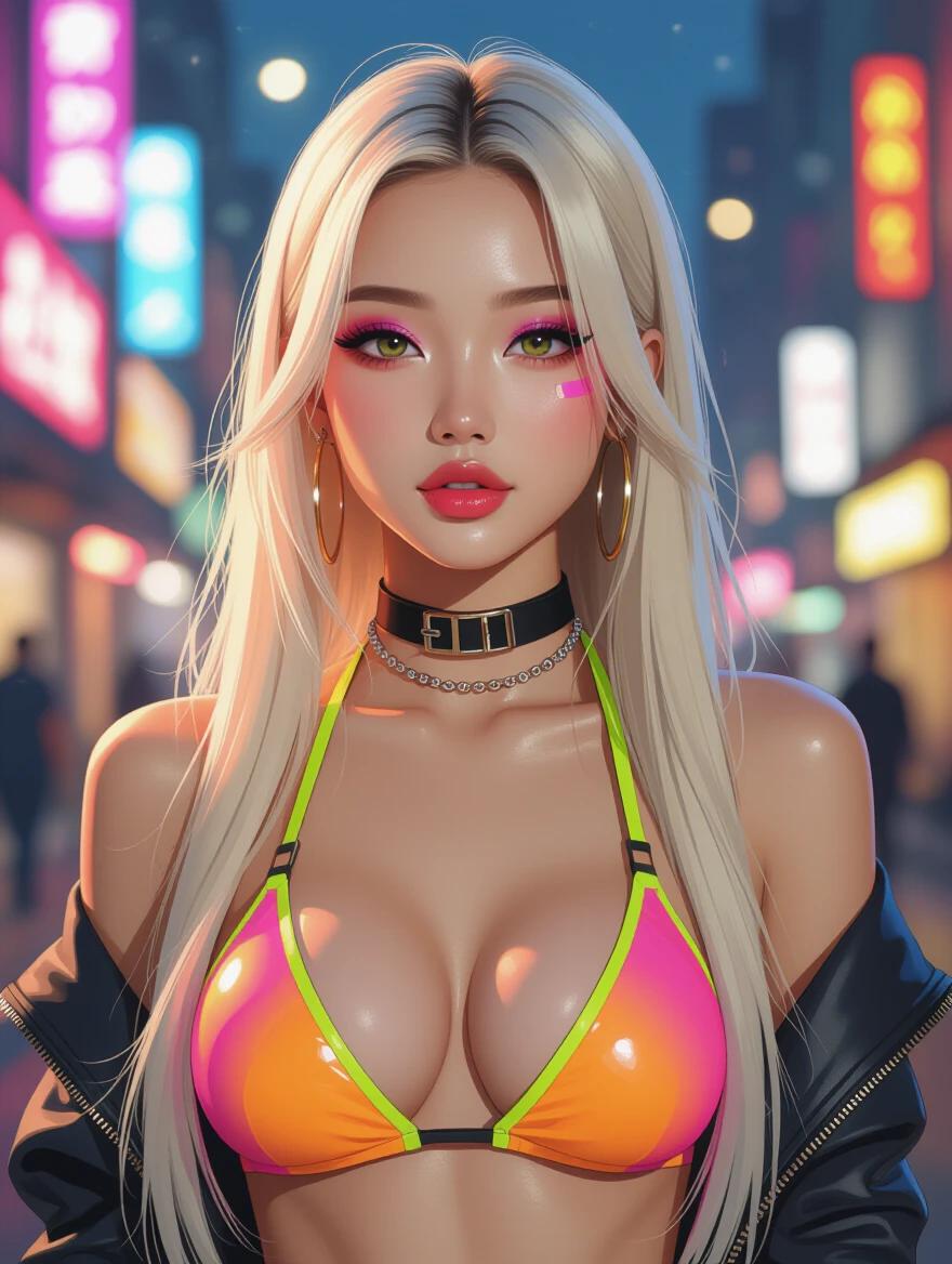 Illustration of a fashionable character in a cyberpunk setting. Long blonde hair styled with bright colors. Wearing a neon bikini and a choker. Puffy lips accentuate the bold makeup. Background filled with neon lights of a city at night.