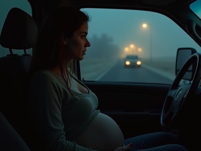 Lonely pregnant woman sits quietly in a truck passenger seat at night. Tight-fitting clothes show visible cleavage and a swollen belly. Calm introspective look. Soft amber dashboard lights illuminate the truck interior. Outside world shrouded in dense fog.