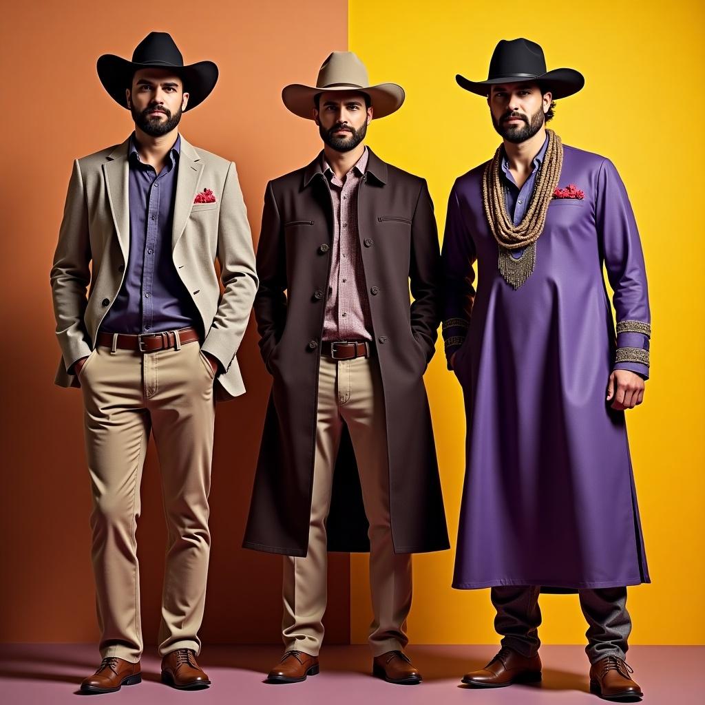 Men in stylish western outfits showing varied fashion choices. Colorful background enhancing the clothing details. Focus on unique designs and accessories without any identifiable faces.