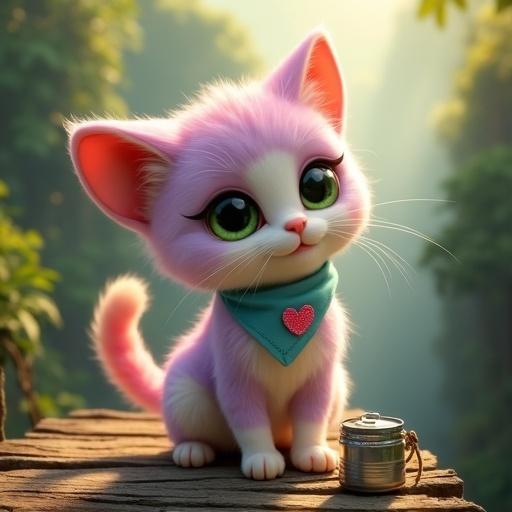 Fluffy anthropomorphic kitten with pastel pink and lavender fur. Creamy white belly and large green eyes. Oversized head and soft features. Tiny paws and perky ears. Light blue bandana with pink heart. Kitten setting up metal can trap with rope and bait fish on old wooden bridge. Dense jungle mist with golden light filtering through.