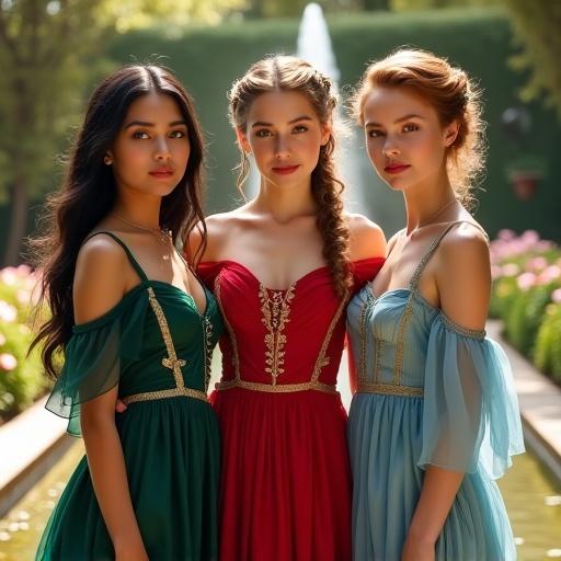 A sunlit medieval garden with blooming flowers and flowing fountains in the background. Three noblewomen stand side by side in elegant gowns. The first woman features long flowing black hair and an emerald green gown. The second woman has golden curls and wears a ruby-red gown. The third woman has auburn hair with flowers in soft waves and dons a sapphire blue dress. The sunlight highlights the textures of their gowns and their beautiful skin.