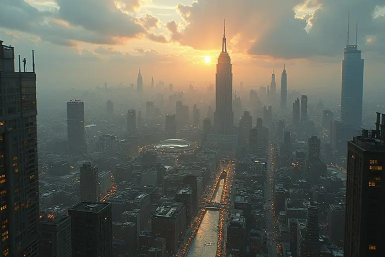 Aerial view of New York City at sunset. Empire State Building stands prominently. Soft golden light illuminates the skyline. Urban landscape with city grid and distant skyscrapers. Waterways reflect sunlight. Cloudy sky adds dramatic effect.