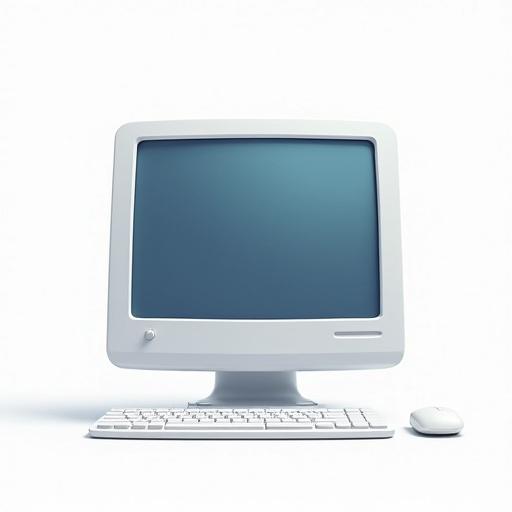 3D cartoon style computer setup with a clean white background. Features a monitor, keyboard, and mouse. No complex details. Simple and minimalistic design.