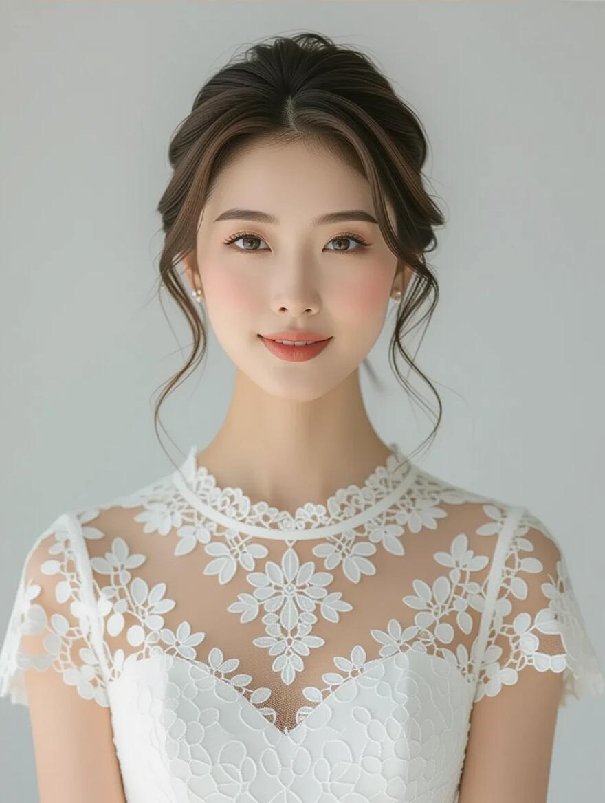 Photo of a beautiful East Asian woman. She has soft eyes and a gentle smile. She wears a lace short dress. The composition conveys elegance and charm.