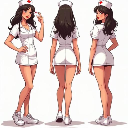 comic concept art of a nurse showing different angles and poses. The nurse appears flirty in style and attire.