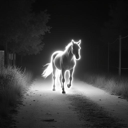 Generate a black and white thermal surveillance camera image of a lone horse walking down an eat night. The image should resemble footage from a real infrared security camera. Use high contrast where hot areas appear white and cold areas appear black.